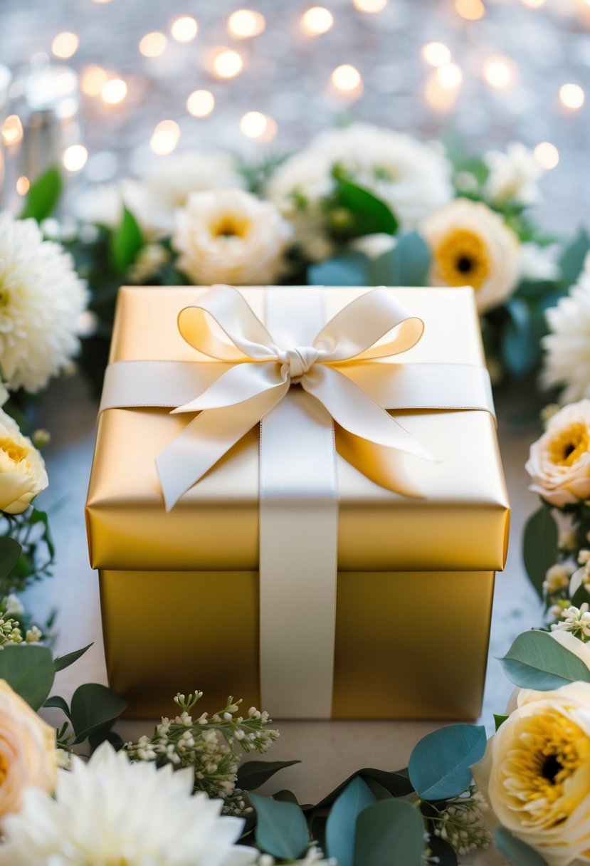 A beautifully wrapped gift box with a ribbon and bow, surrounded by flowers and wedding decor