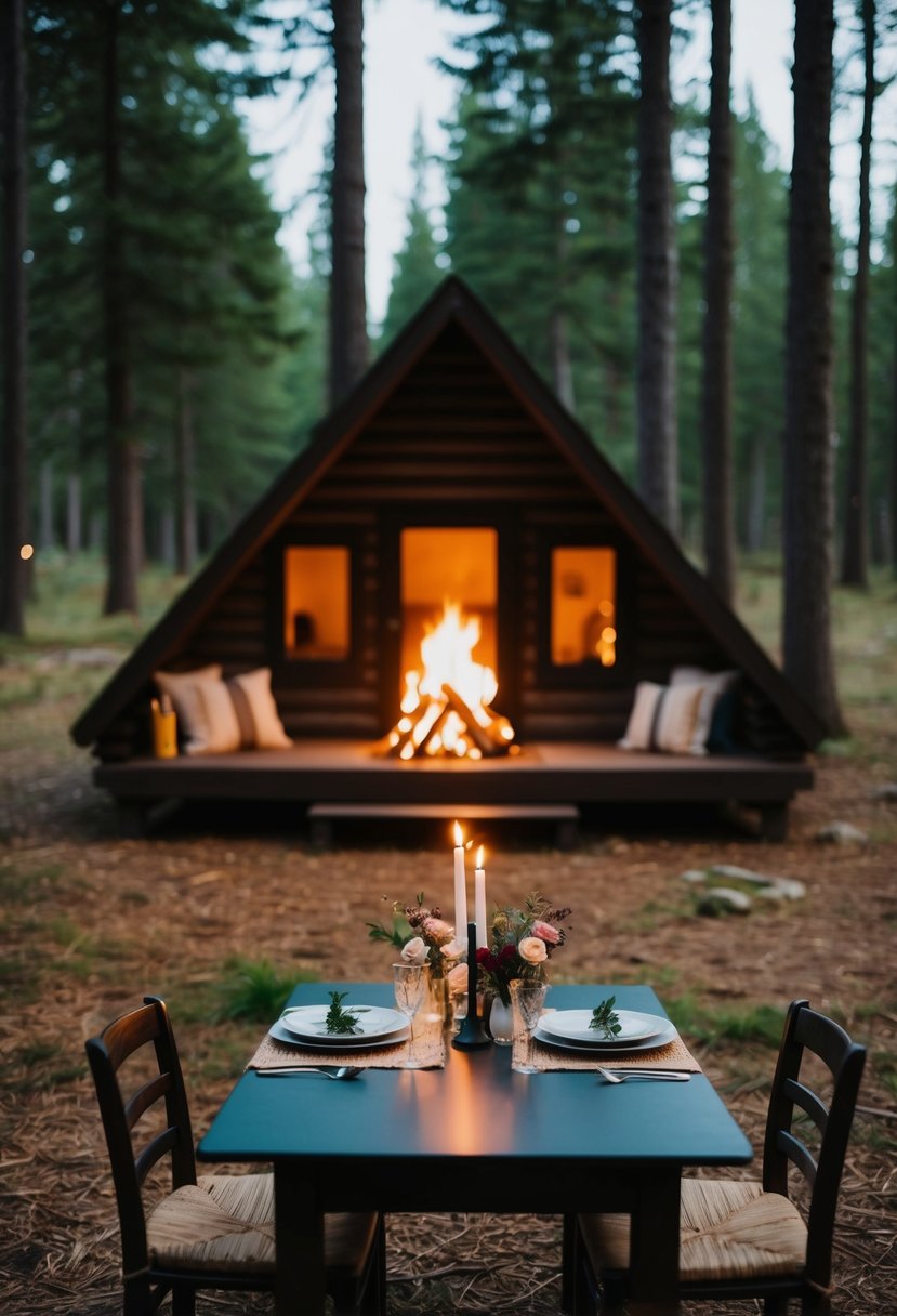 A cozy cabin nestled in a forest clearing, with a warm fire burning and a table set for two with candles and flowers