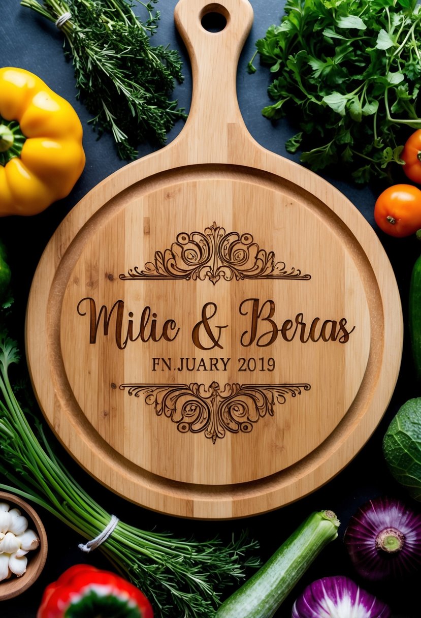 A wooden cutting board engraved with the couple's names and wedding date, surrounded by fresh herbs and colorful vegetables