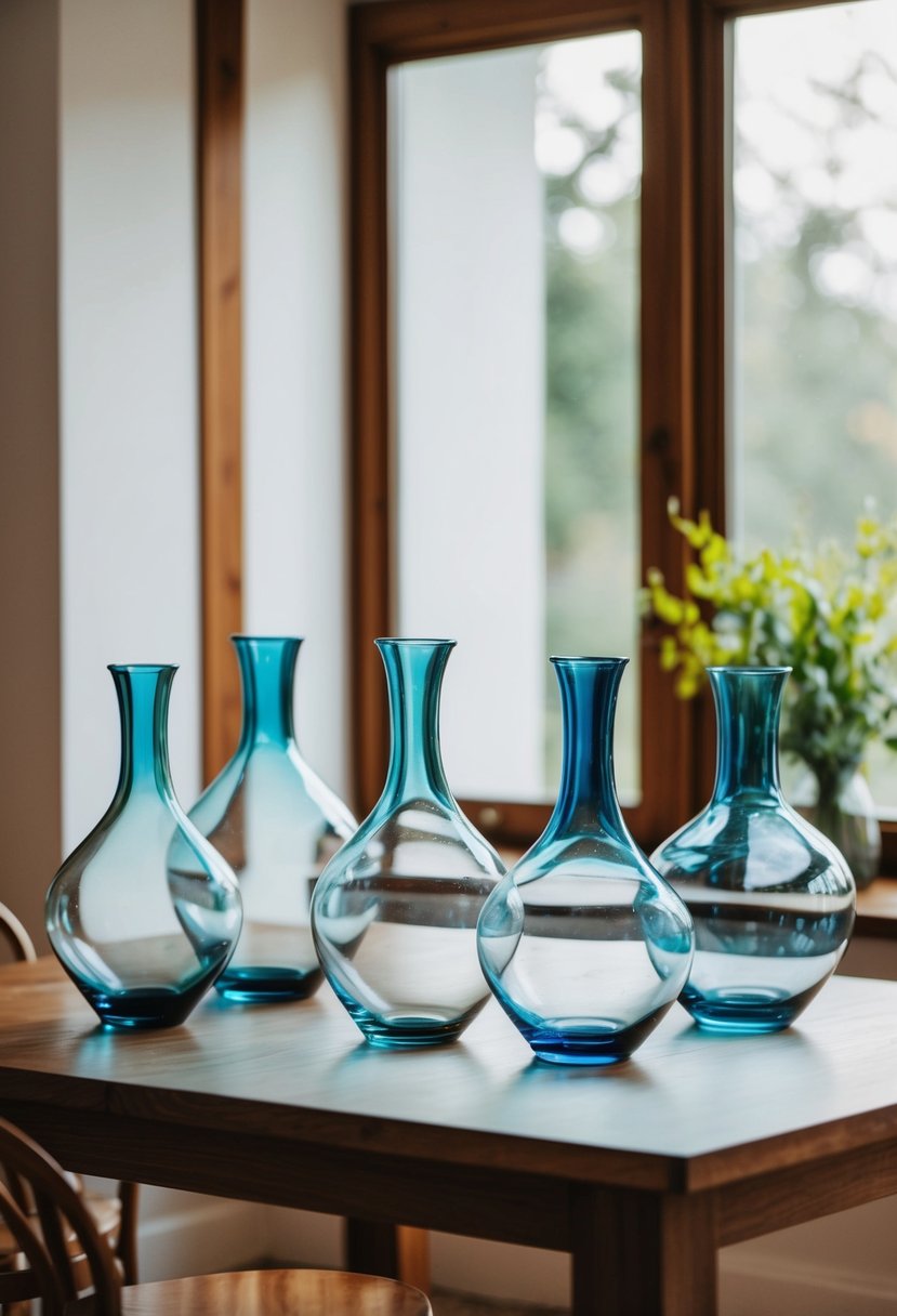 A set of handmade glass vases arranged on a wooden table, with natural light streaming in through a nearby window