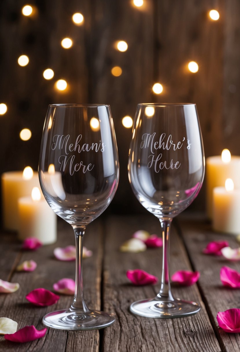 Two personalized wine glasses on a rustic wooden table, surrounded by scattered rose petals and soft candlelight