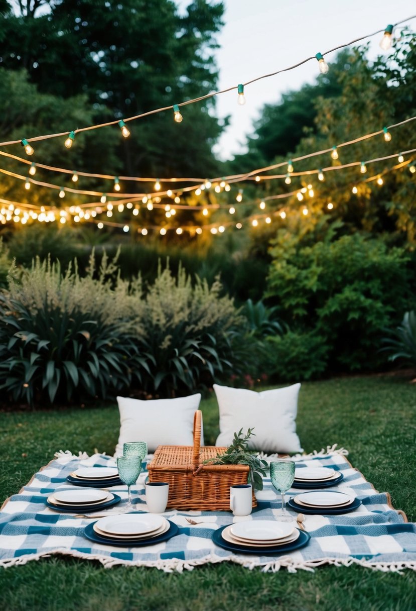 A picnic blanket spread with a stylish outdoor dinnerware set, surrounded by lush greenery and twinkling string lights