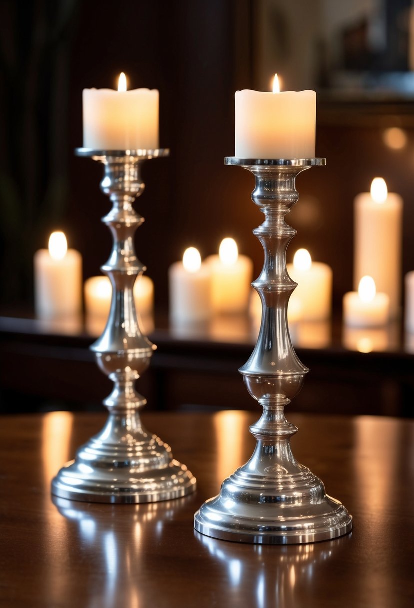 Two sterling silver candlestick holders displayed on a polished wooden table, surrounded by soft candlelight