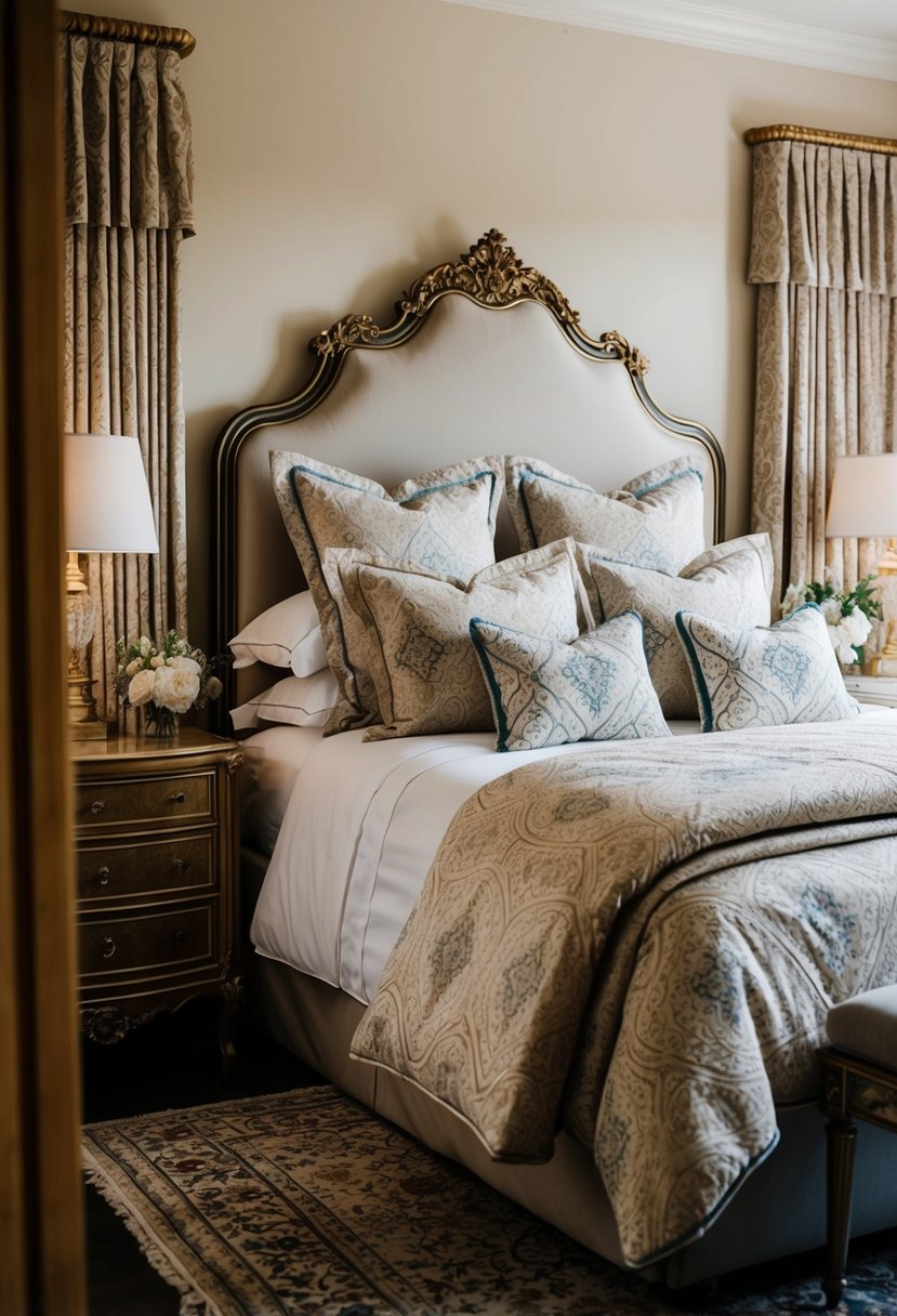 A cozy, elegant bedroom with a luxurious bedding set, adorned with intricate patterns and rich textures, awaiting the newlyweds