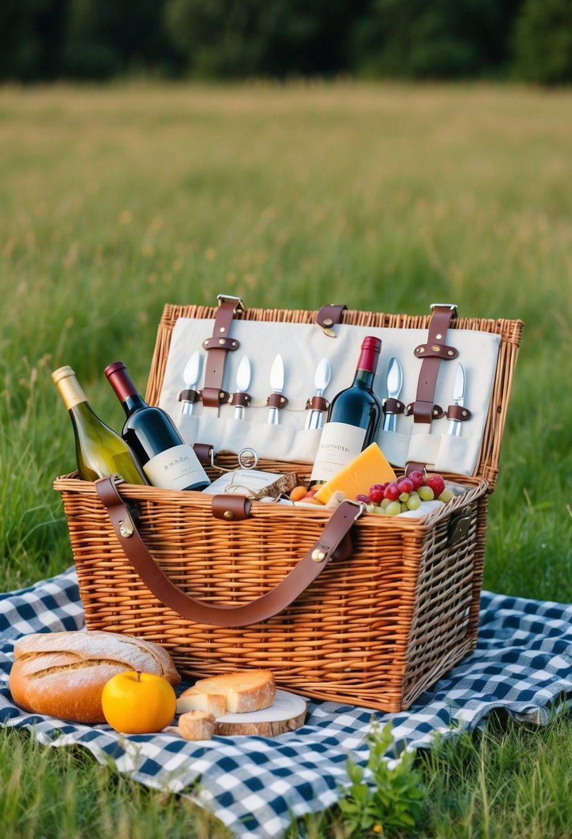 A picnic basket filled with supplies such as wine, cheese, bread, and fruit, nestled on a checkered blanket in a grassy meadow