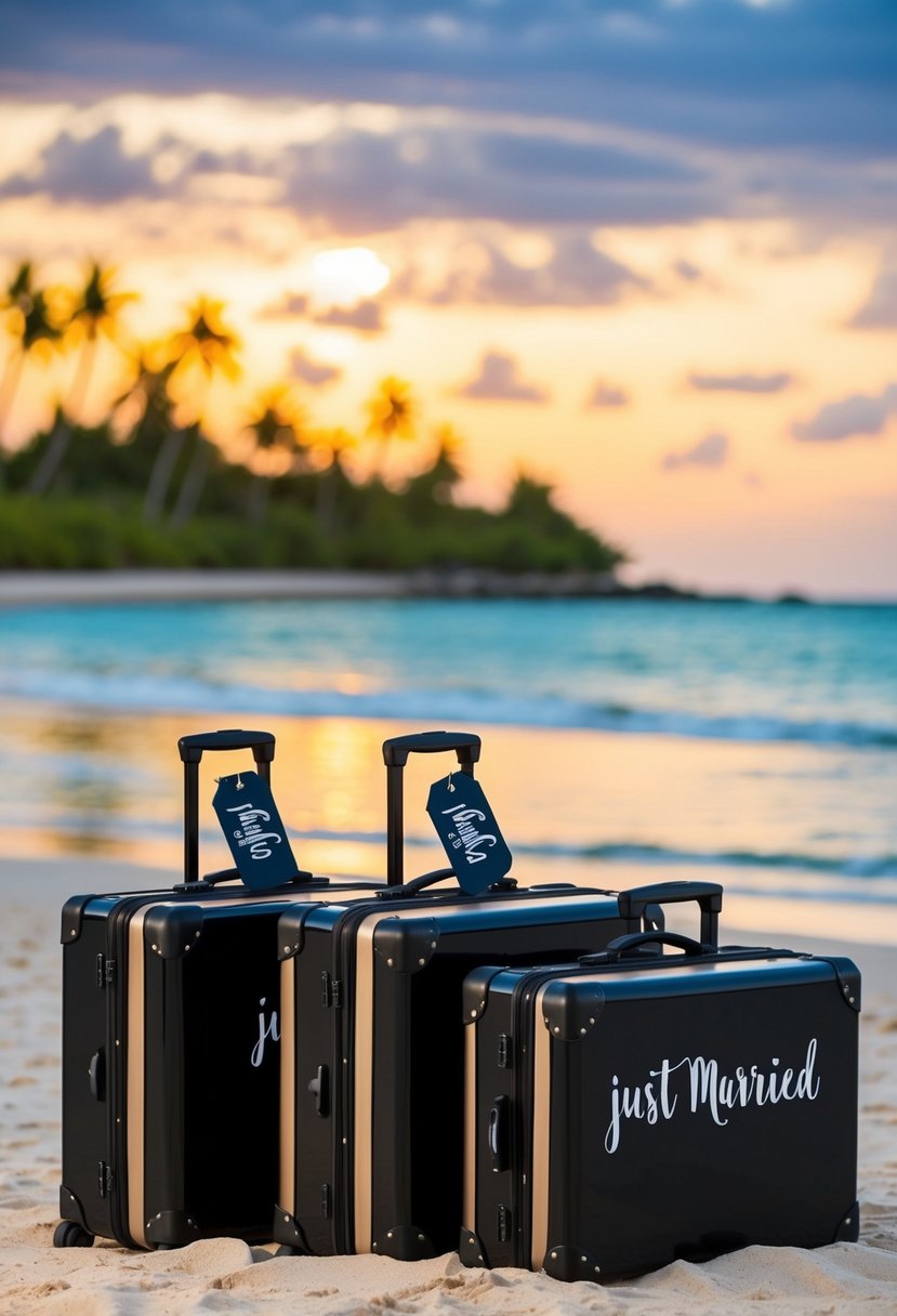 A set of matching luggage, adorned with "Just Married" tags, sits on a sandy beach with a tropical sunset in the background