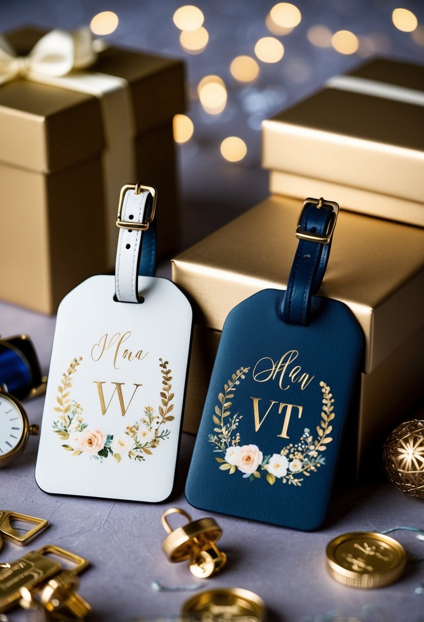 Two personalized luggage tags with wedding-themed designs and initials, surrounded by travel accessories and a gift box