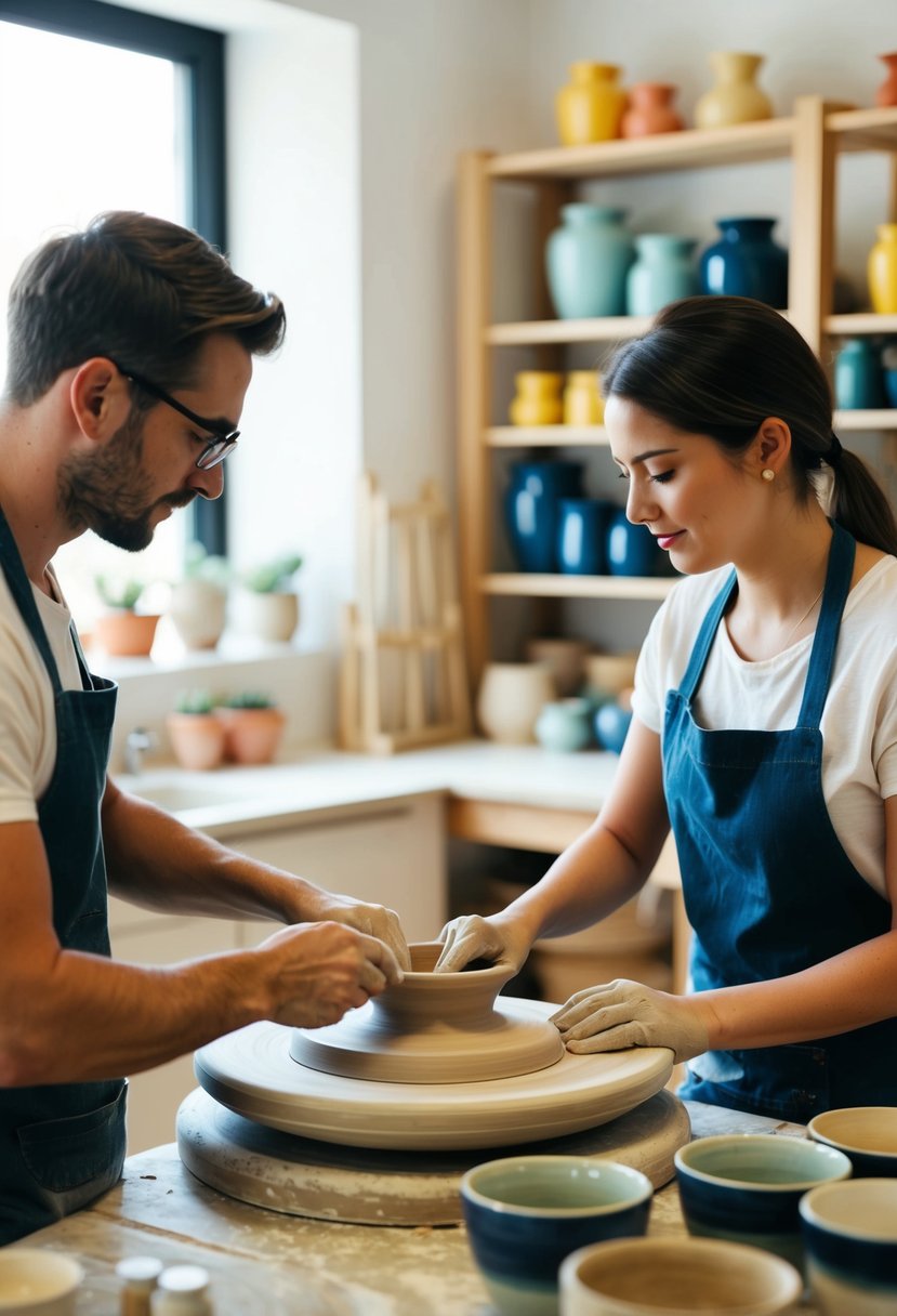 A couple shaping clay on a pottery wheel in a cozy studio with shelves of colorful ceramics