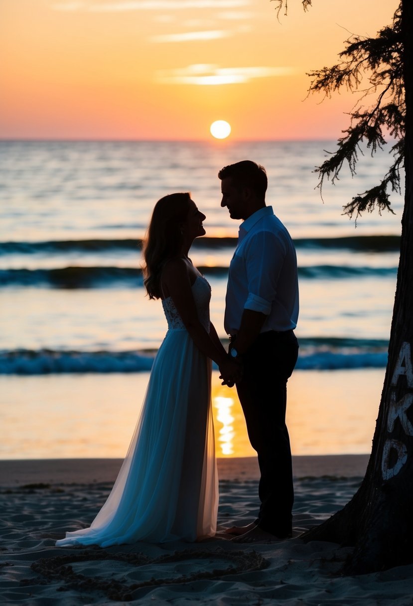 A couple's silhouette against a sunset beach, with a heart drawn in the sand and their initials carved into a nearby tree