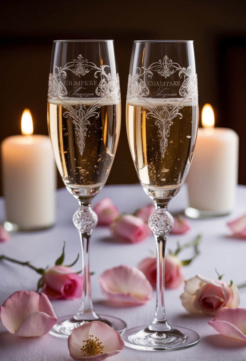 Two elegant champagne flutes engraved with intricate designs, surrounded by delicate rose petals and sparkling in the soft candlelight