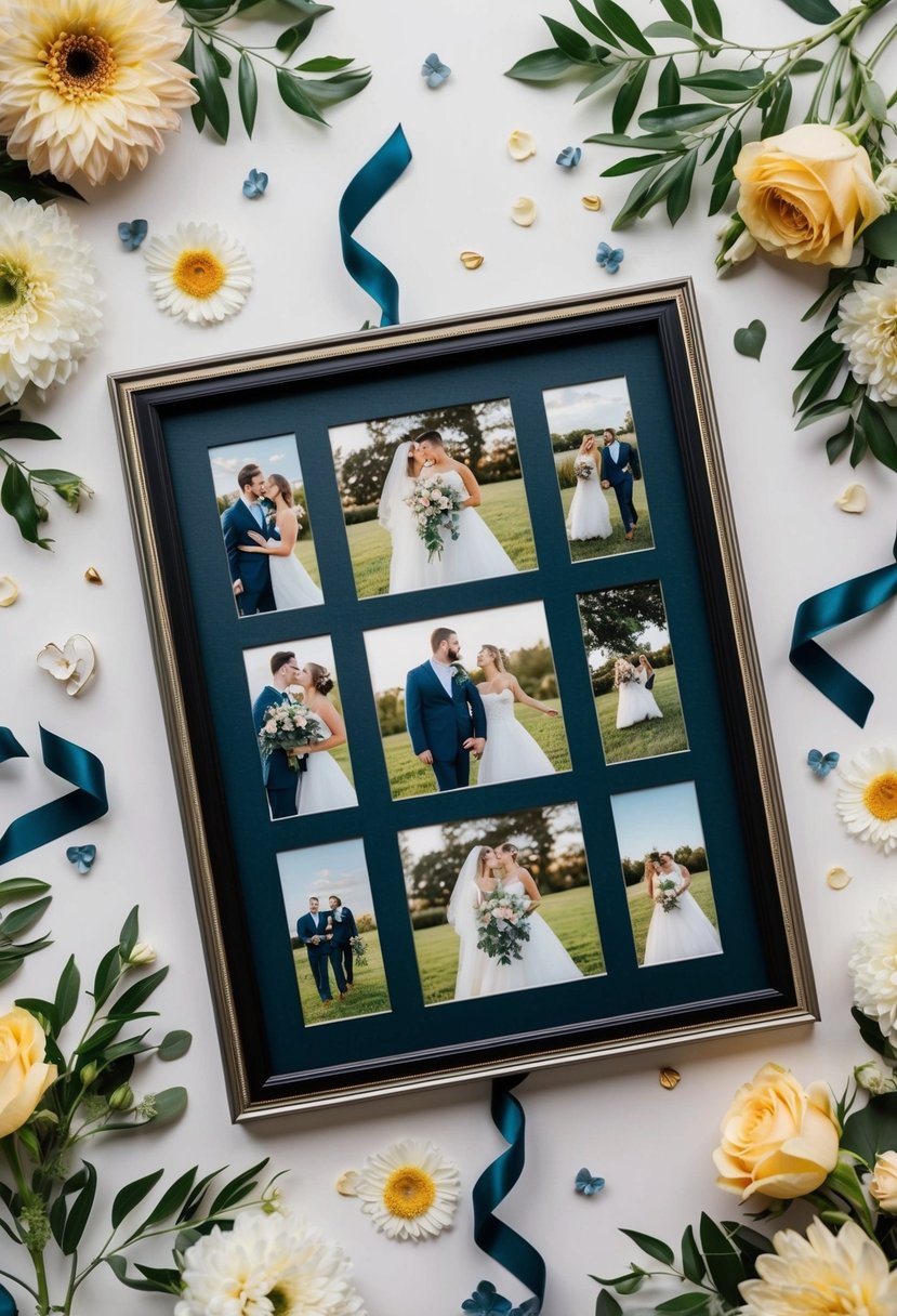 A photo collage frame filled with images of the couple's wedding day, surrounded by decorative elements like flowers and ribbons