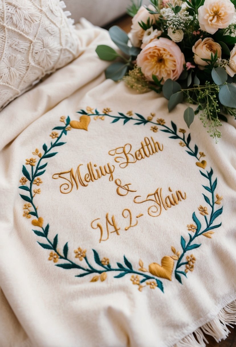 A cozy blanket with the couple's names and wedding date embroidered on it, surrounded by delicate floral patterns and intertwined hearts