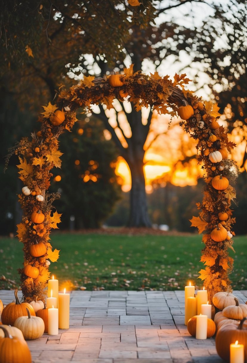 A cozy outdoor wedding with a rustic arch adorned with autumn leaves, pumpkins, and candles. A golden sunset casts a warm glow over the scene