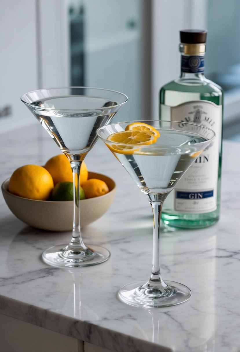 Two elegant martini glasses sit on a marble countertop, surrounded by a bottle of premium gin and a bowl of fresh citrus fruits