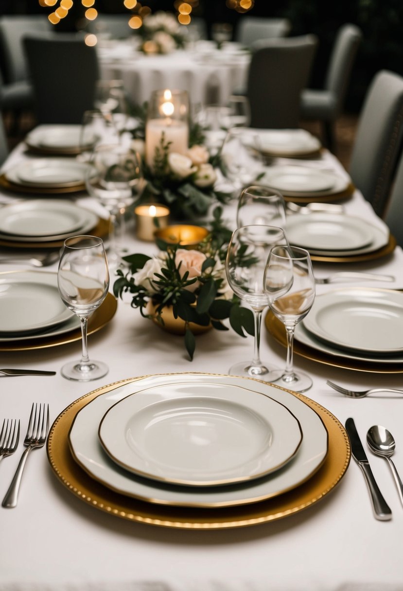 A beautifully arranged dinnerware set on a dining table, with elegant plates, bowls, and cutlery, ready for a romantic dinner