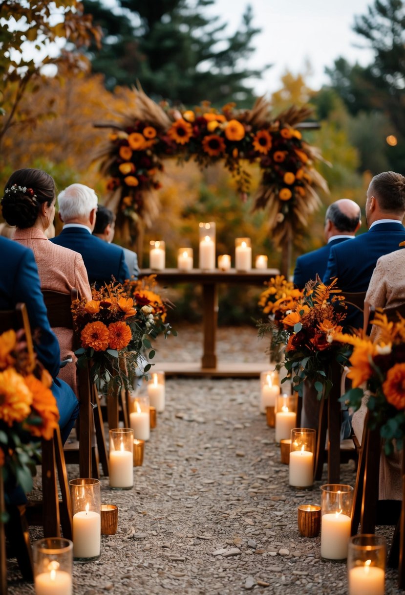 A rustic outdoor wedding ceremony with terracotta and burnt orange floral arrangements, surrounded by autumn foliage and warm candlelight