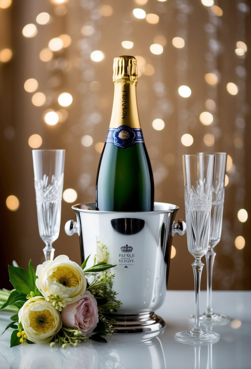 A bottle of fine champagne sits elegantly in a silver ice bucket, surrounded by delicate crystal flutes and a bouquet of fresh flowers