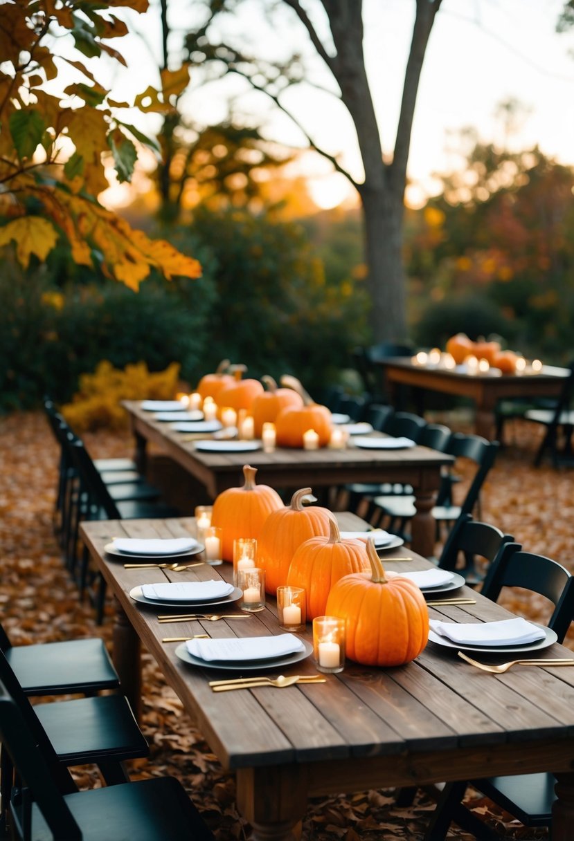 A rustic outdoor wedding reception with wooden tables adorned with pumpkin centerpieces, surrounded by autumn leaves and candles