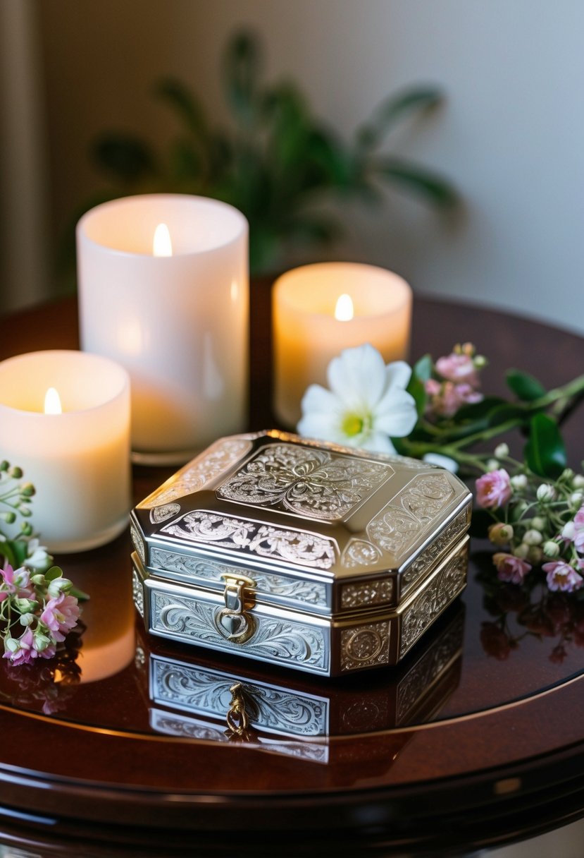 A beautifully engraved jewelry box sits on a polished wooden table, surrounded by delicate flowers and soft candlelight