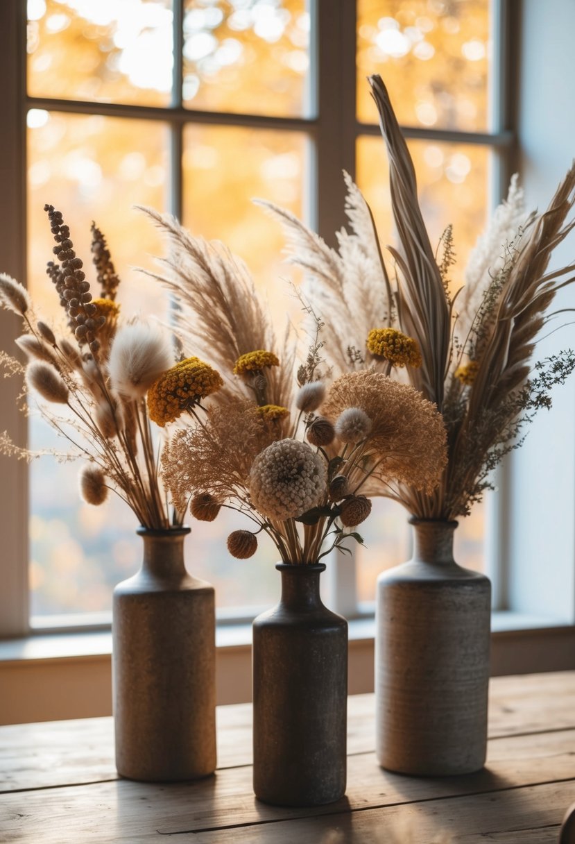 Dried florals and fronds arranged in rustic vases on a wooden table, with warm autumn sunlight streaming through a window