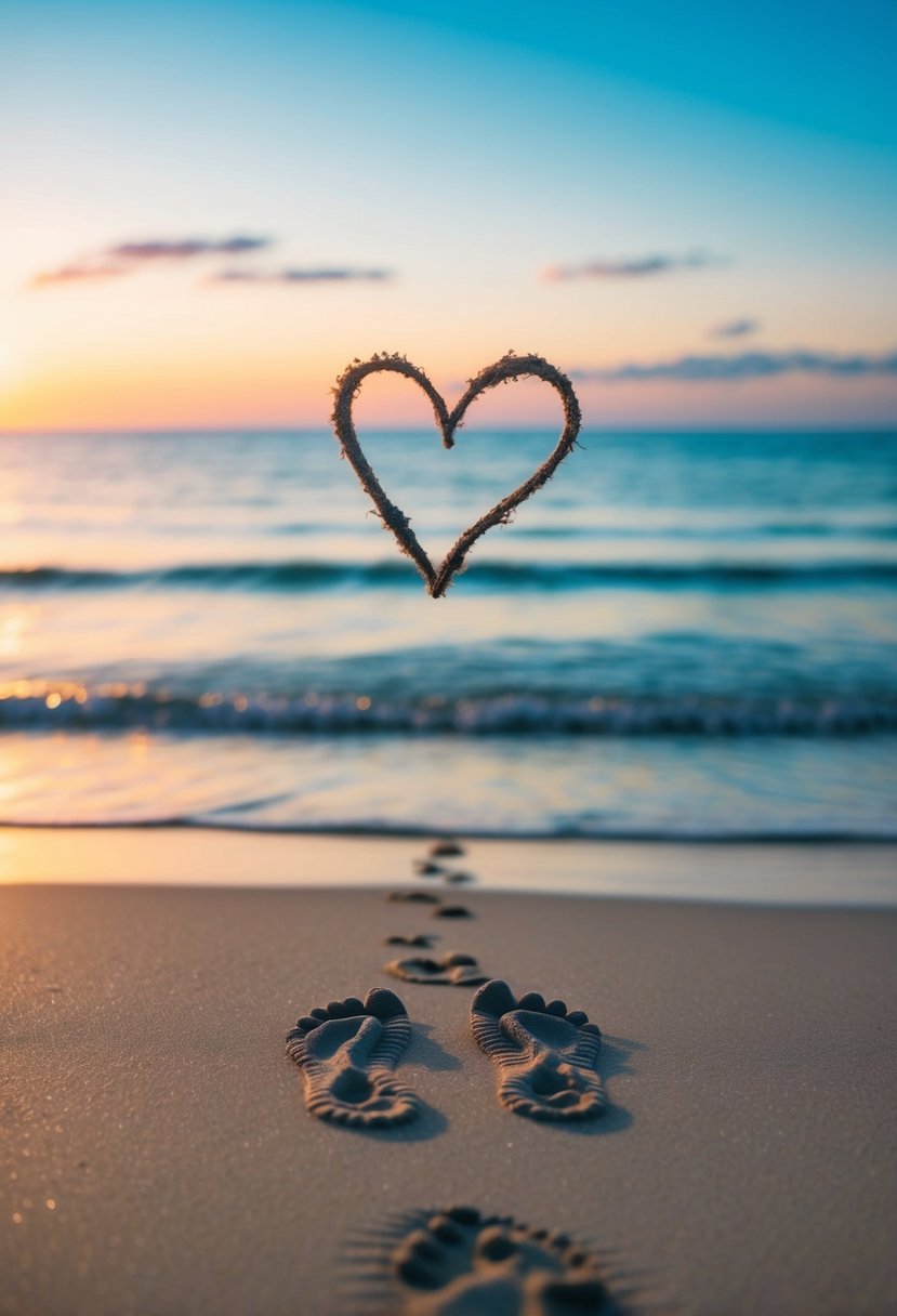 A serene beach at sunset, with a lone pair of footprints leading towards the water, framed by a heart drawn in the sand