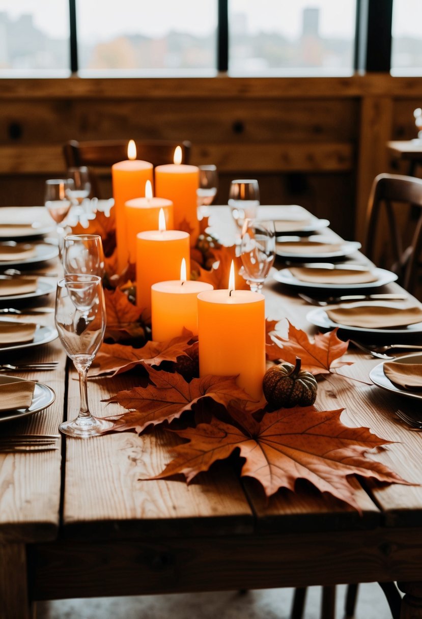 A rustic wooden table adorned with maple leaves and candles for an autumn wedding centerpiece