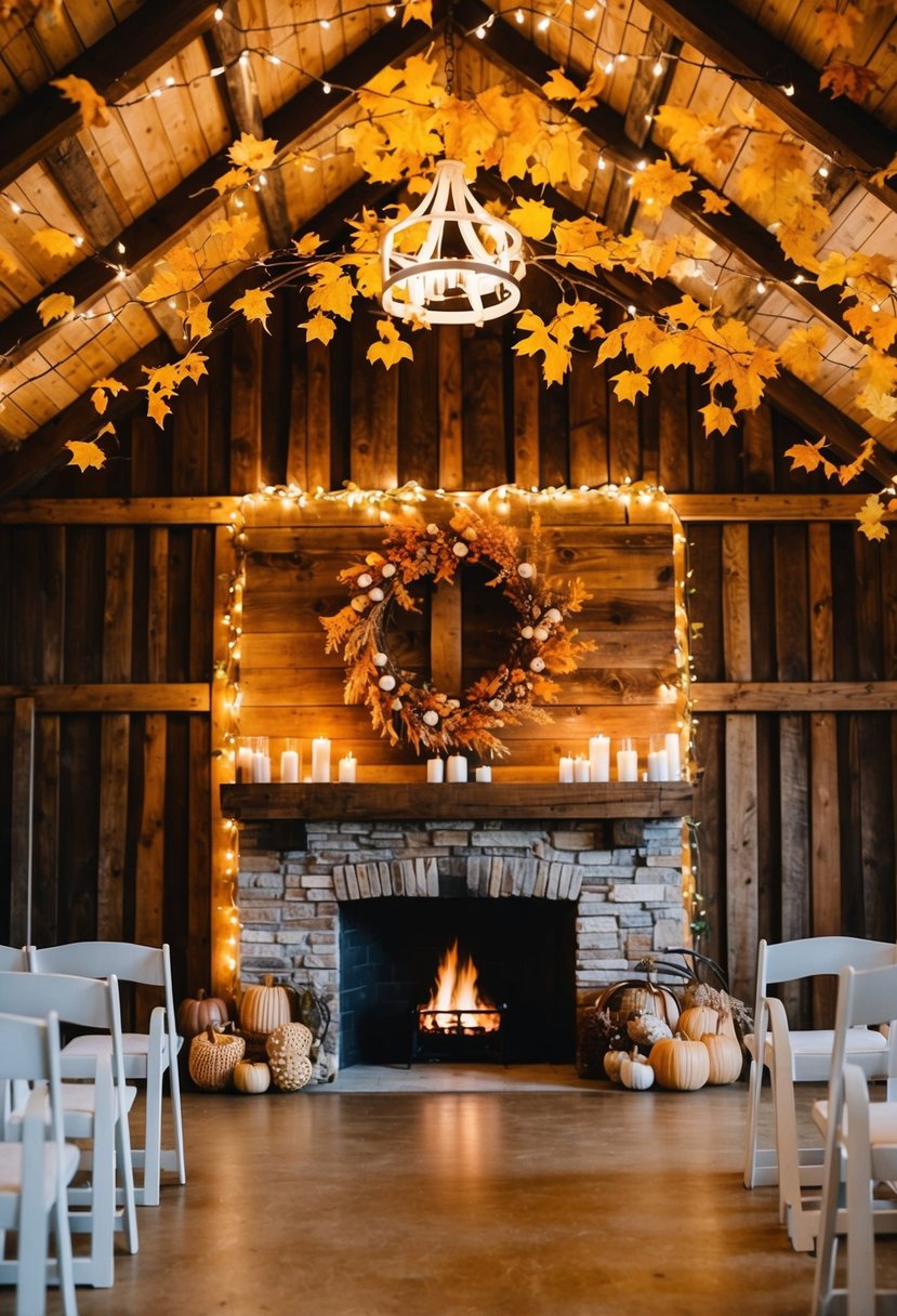 Autumnal barn wedding: golden leaves, rustic wooden beams, twinkling string lights, and a cozy fireplace