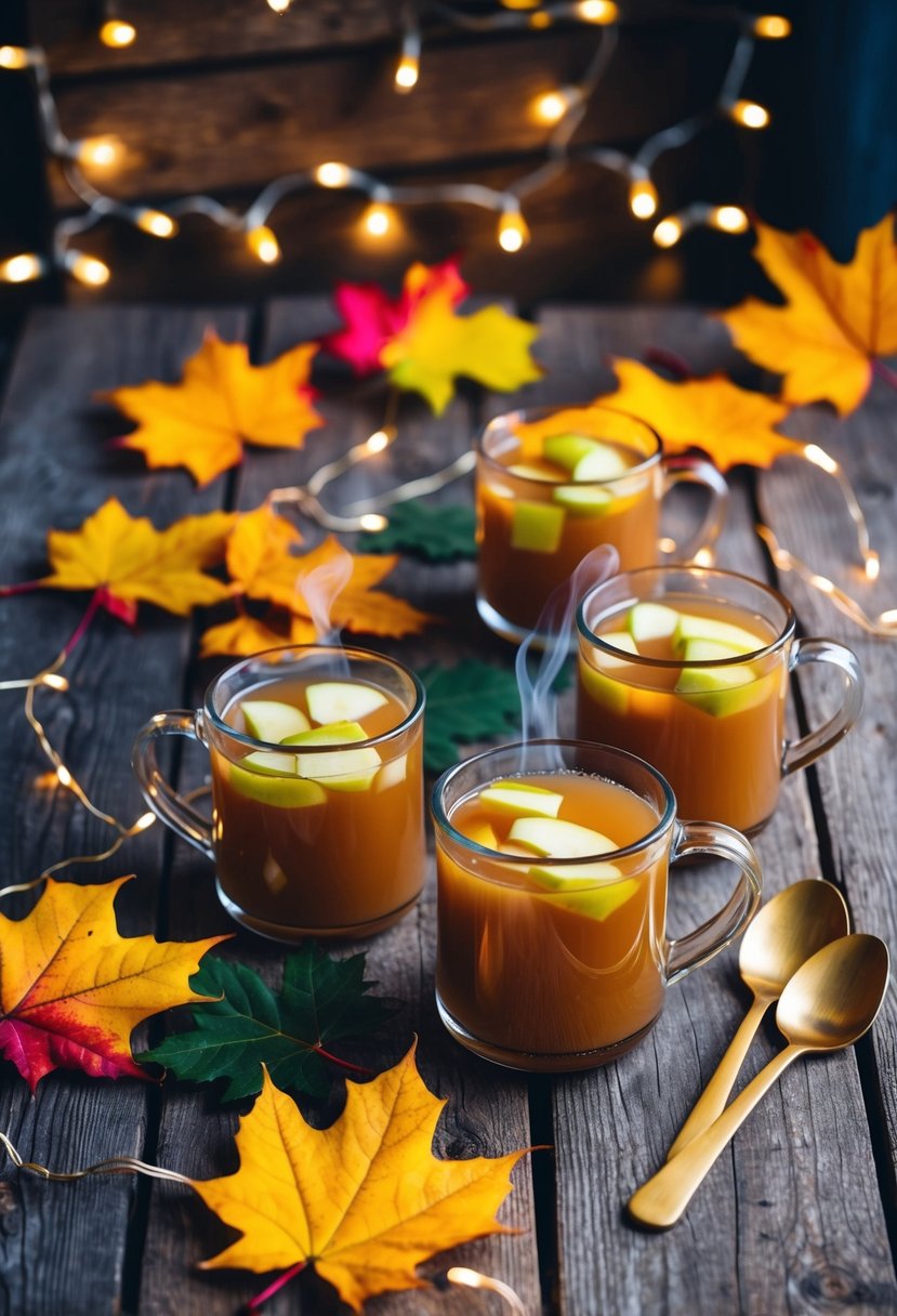 A rustic wooden table adorned with steaming mugs of spiced apple cider, surrounded by colorful autumn leaves and twinkling fairy lights