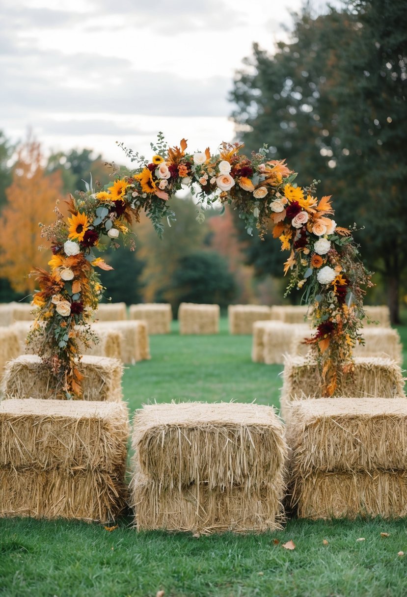 Hay bales arranged in a semi-circle, adorned with autumn foliage and flowers, set in a rustic outdoor setting for a wedding ceremony