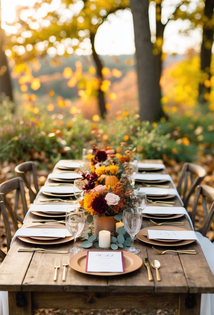 A rustic table set with autumnal wedding stationery, surrounded by fallen leaves and seasonal florals