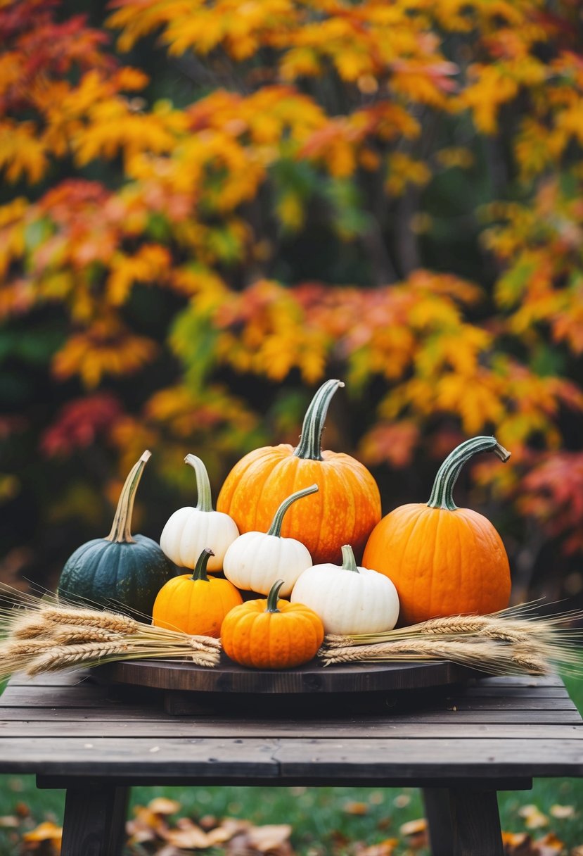 A rustic wooden table adorned with colorful gourds, pumpkins, and bundles of wheat, set against a backdrop of autumn foliage