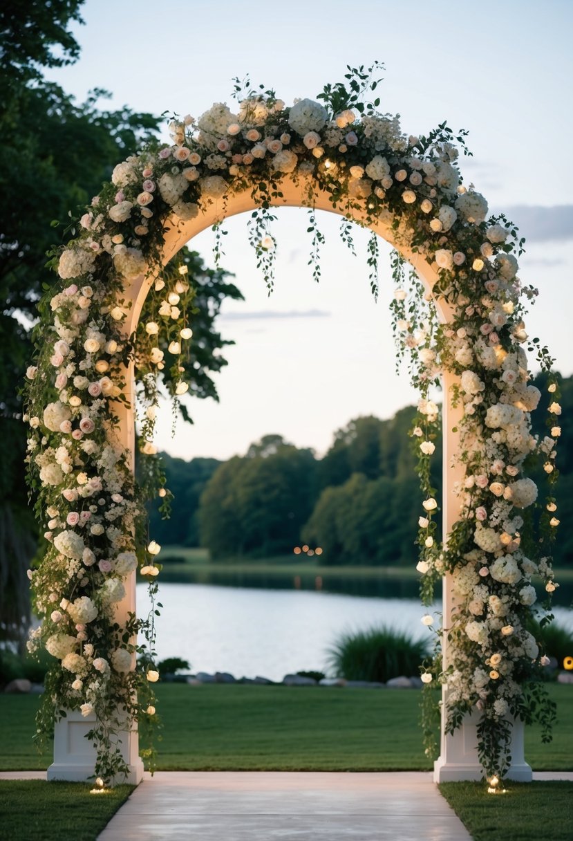 A grand archway adorned with cascading flowers and twinkling lights, set against a backdrop of lush greenery and a serene lake