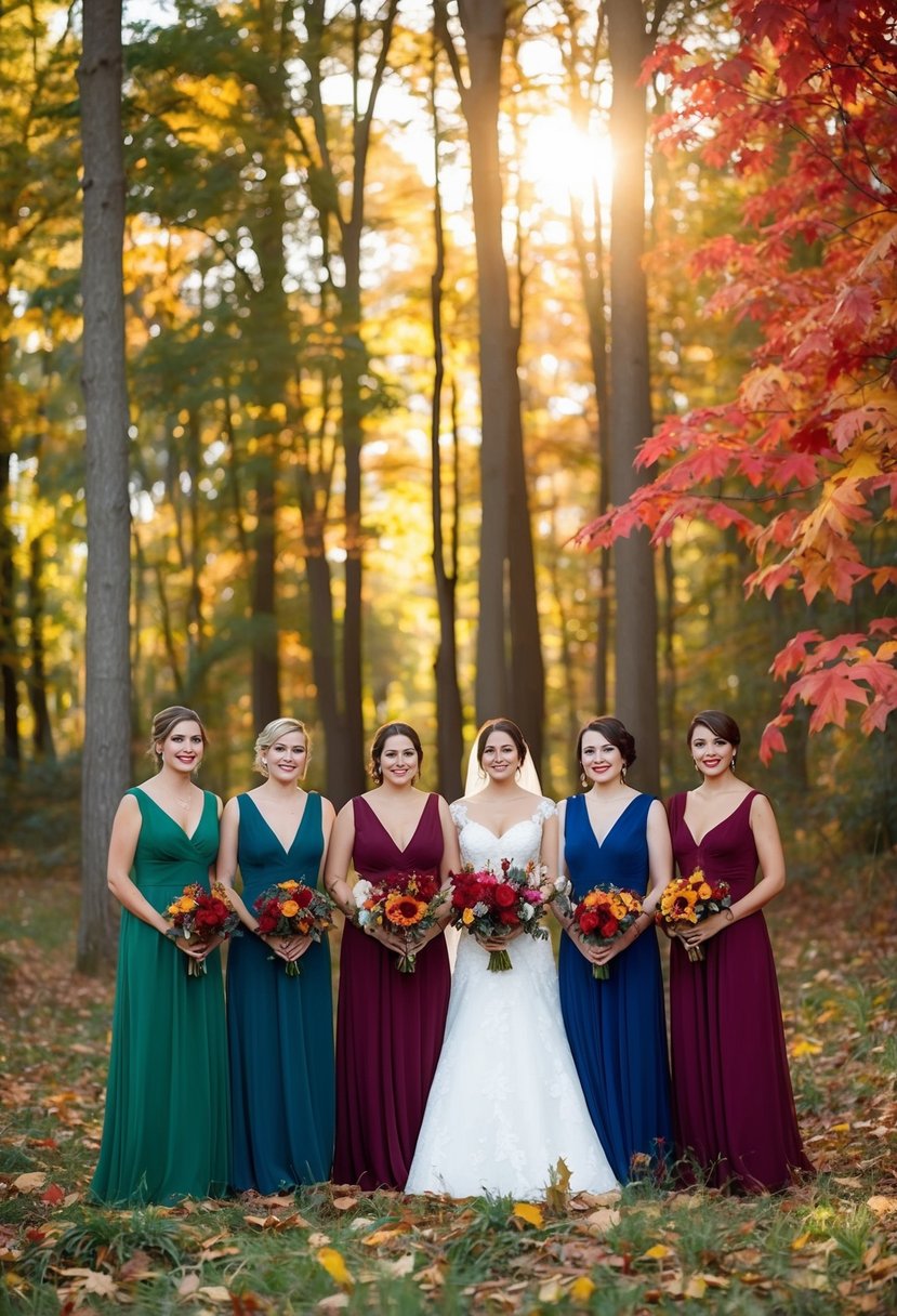 Four bridesmaids in jewel-tone dresses stand in a forest clearing, surrounded by colorful autumn leaves and warm sunlight filtering through the trees