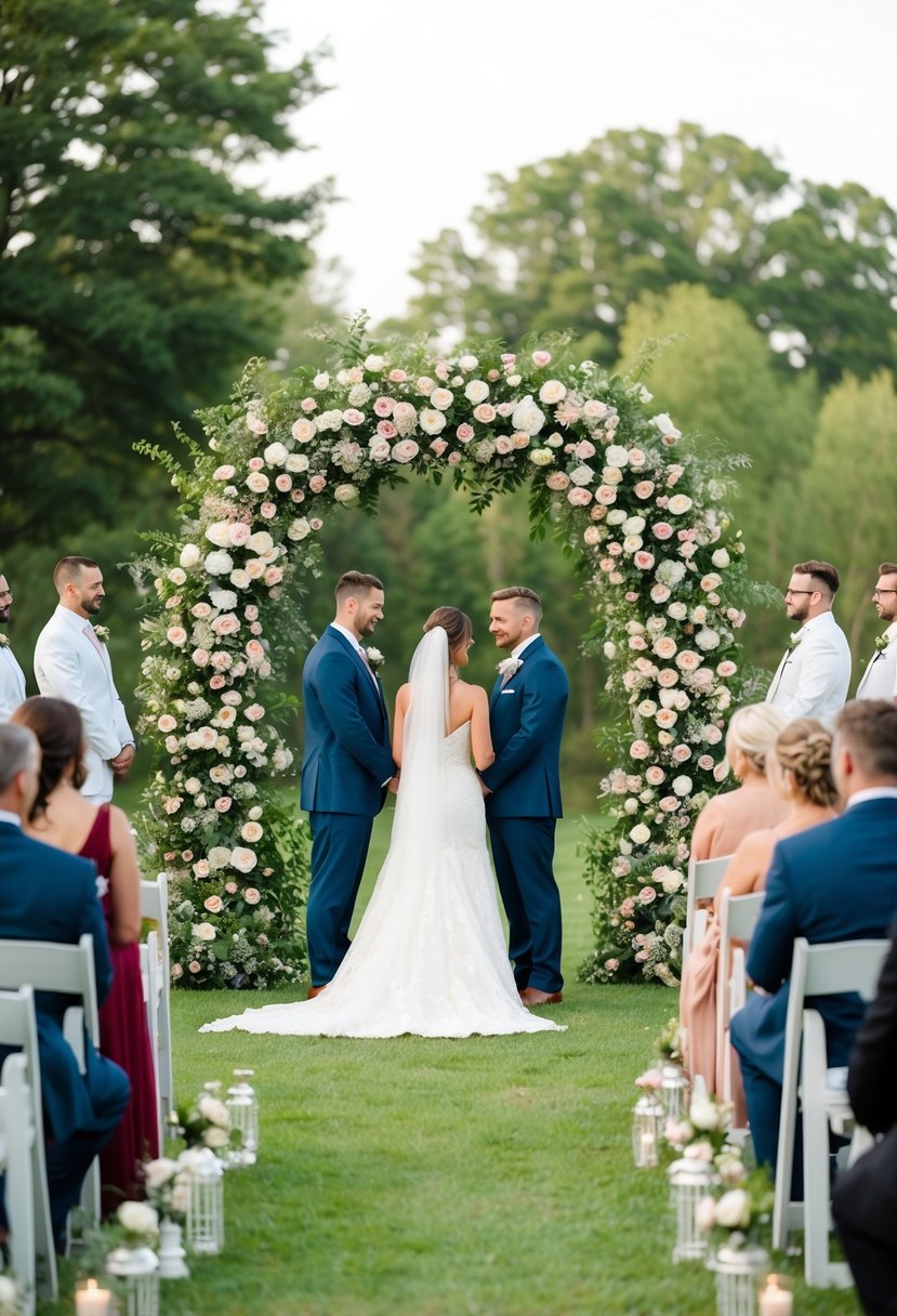 A lush floral arch frames a serene outdoor wedding ceremony