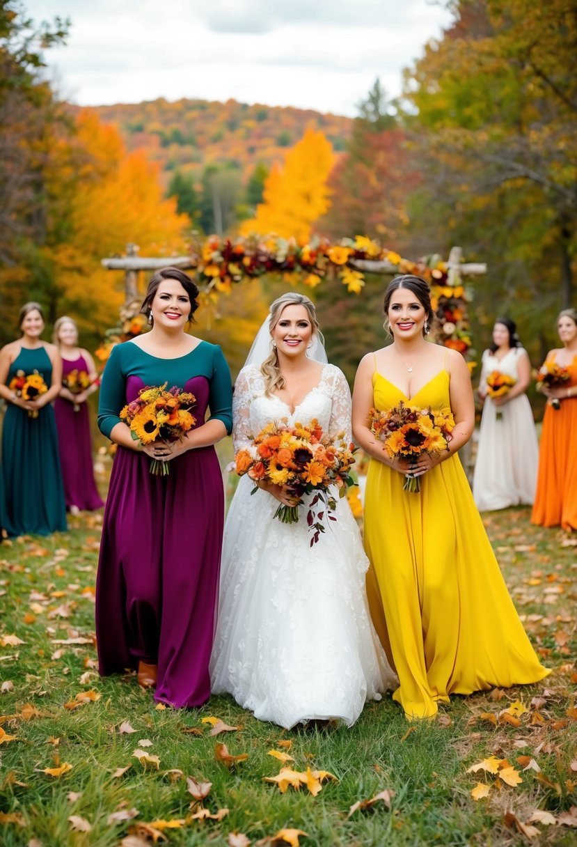 A vibrant autumn wedding scene with brides in colorful dresses surrounded by fall foliage and rustic decor