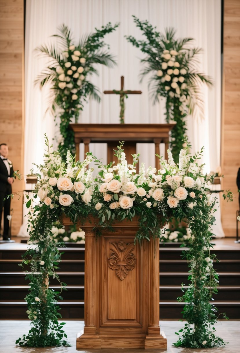 A wooden altar stands adorned with elegant floral arrangements, creating a beautiful backdrop for a wedding ceremony