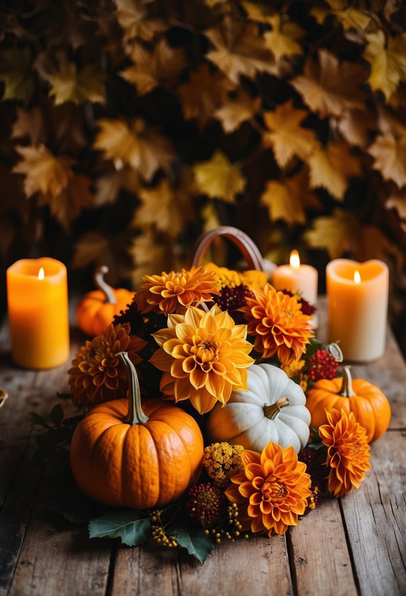 A rustic wooden table adorned with dahlias, pumpkins, and autumn foliage, set against a backdrop of golden leaves and warm candlelight