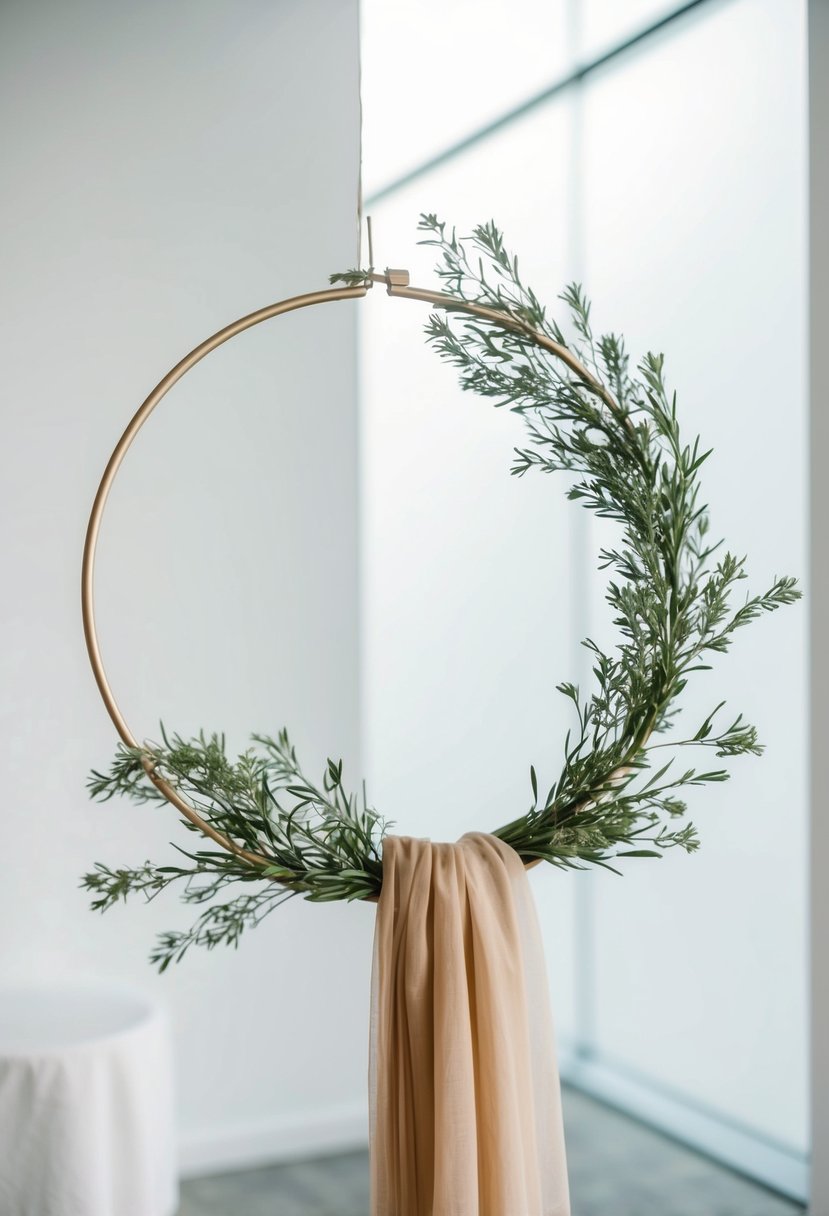 A simple, circular hoop adorned with delicate greenery and soft, flowing fabric, set against a clean, modern backdrop