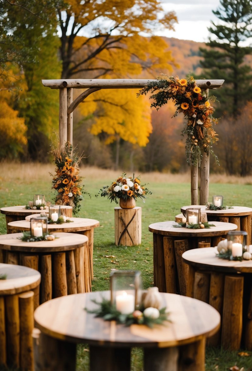 A cozy autumn wedding scene with rustic wood decor, including a wooden arch, tables adorned with wood accents, and a backdrop of fall foliage