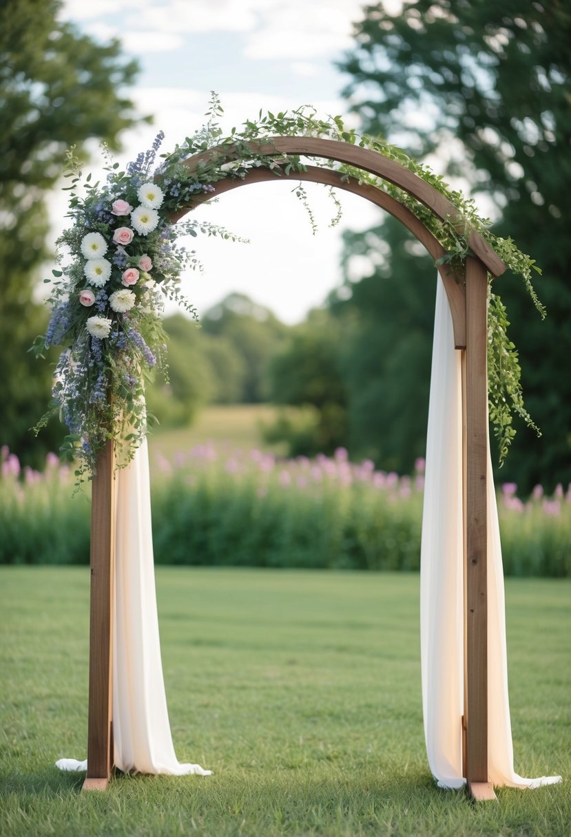 A wooden arch adorned with wildflowers and draped fabric in a serene outdoor setting