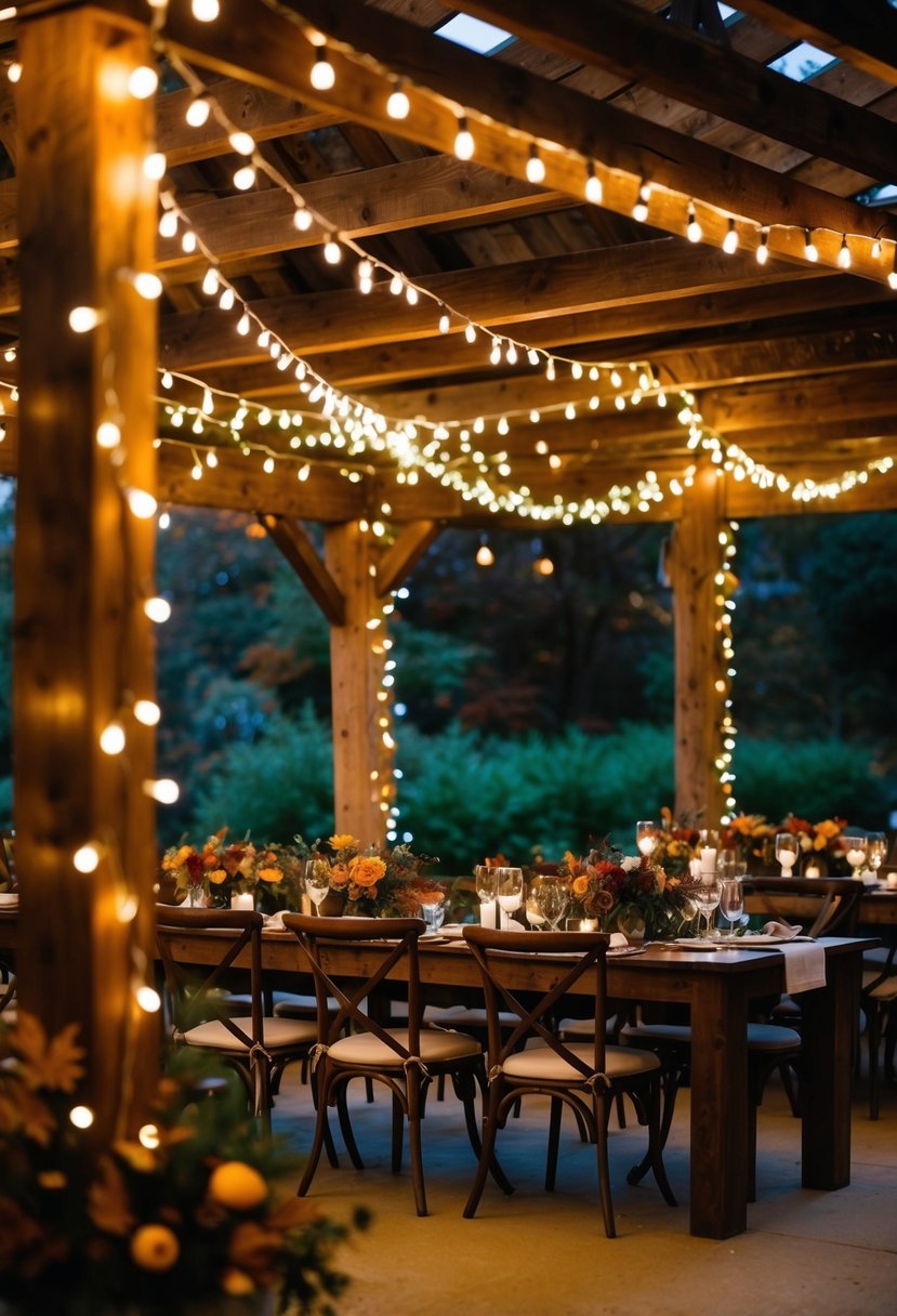 Fairy lights drape over rustic wooden beams, casting a warm glow on autumnal foliage and cozy seating arrangements for a romantic wedding ambiance