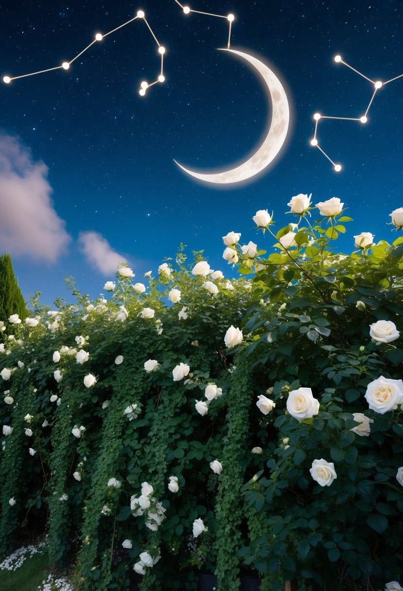 A starry night sky with twinkling constellations and a crescent moon hanging over a garden filled with blooming white roses and cascading greenery