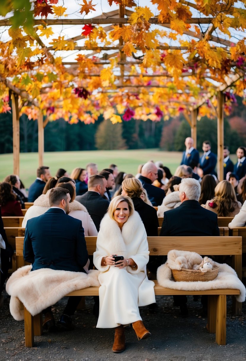 Guests sit on wooden benches under a canopy of colorful autumn leaves, offered warm blankets or furs to cozy up as they celebrate a wedding outdoors