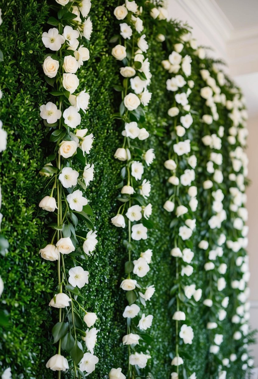 A lush greenery wall with delicate white flowers cascading down, creating an elegant and romantic wedding backdrop