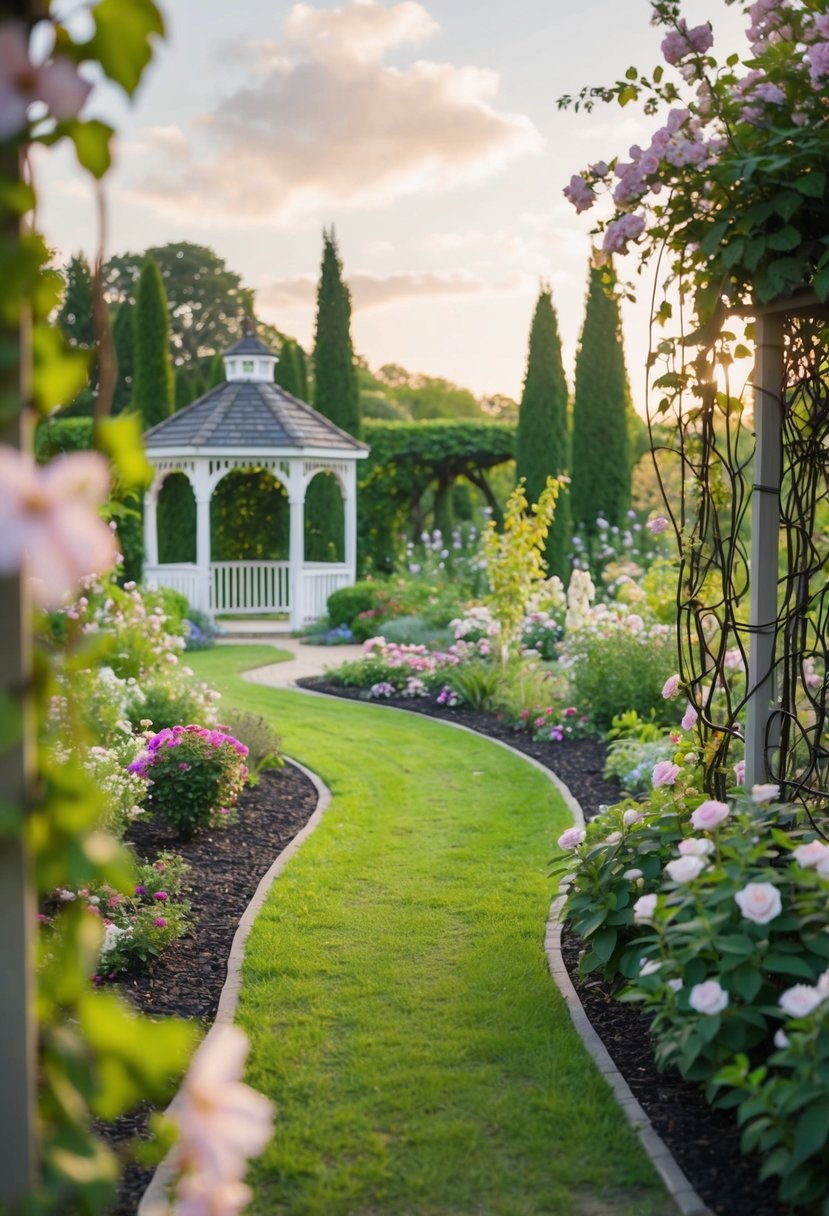 A serene garden with blooming flowers, intertwined vines, and a winding path leading to a romantic gazebo