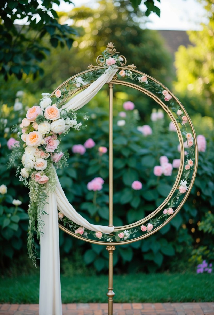 An ornate circular metal frame adorned with flowers and draped fabric, set against a lush garden backdrop