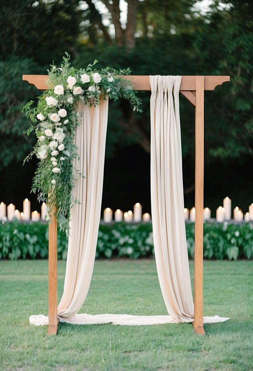 A wooden arch adorned with flowing rustic drapes, set against a backdrop of lush greenery and soft candlelight