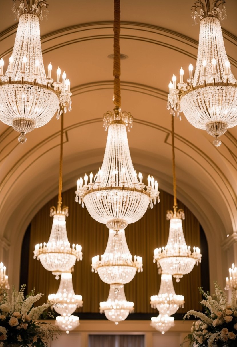 Glistening chandeliers hang from a vaulted ceiling, casting a warm glow over a grand ballroom adorned with delicate floral arrangements and luxurious drapery