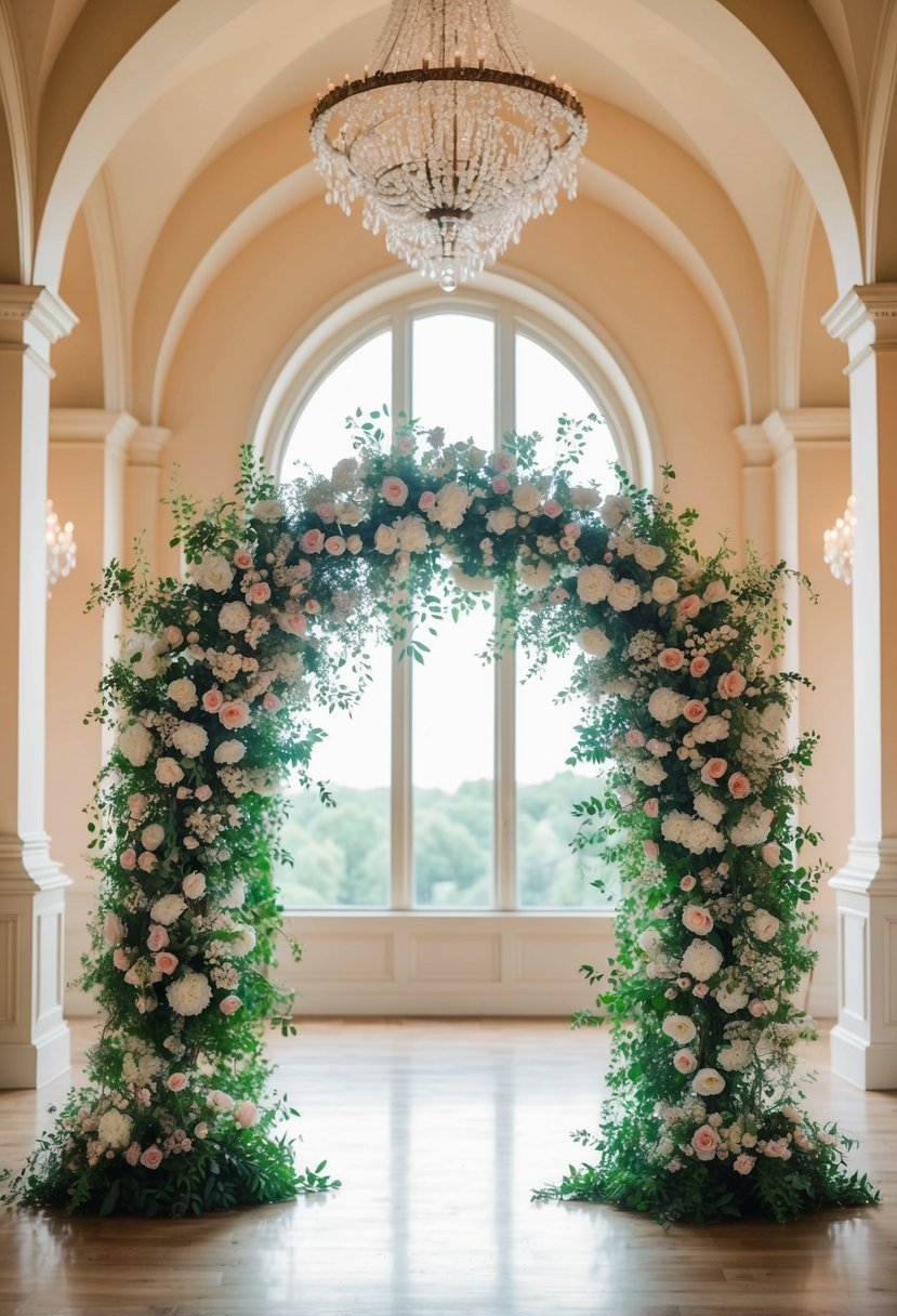 Lush floral arches frame a romantic wedding backdrop