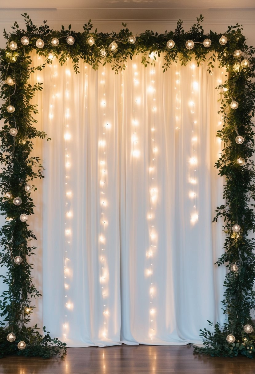 A fabric backdrop adorned with twinkling lights creates an elegant and romantic atmosphere for a wedding